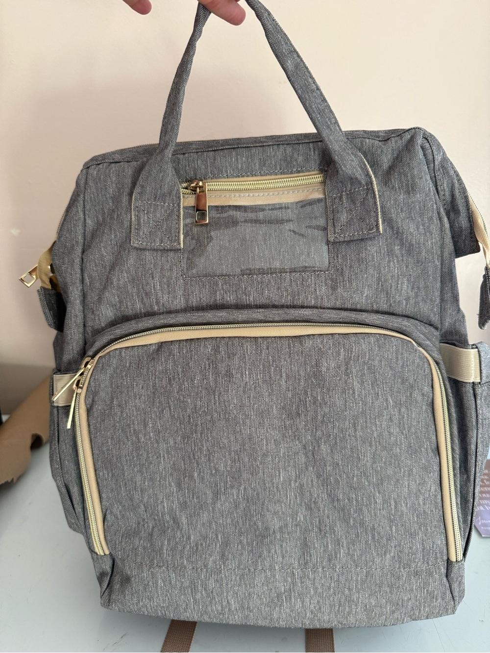 Gray Canvas Diaper Bag/  Backpack Tote with Beige Accents